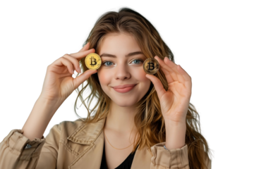 Young woman holding physical golden bitcoin cryptocurrency, transparent background