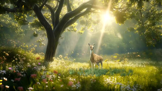 Deer with butterfly in the forest at autumn sunrise. Serene wildlife scene in nature.