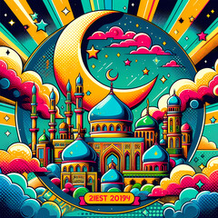 Ramadan pop art illustration with vibrant colors, Ramadan celebrations, Greeting banner