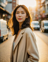 photo of beautiful asian woman with sunset light near truck and street pavement, generative AI