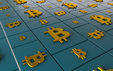 3D illustration of golden Bitcoin logo on the blue cubes background.