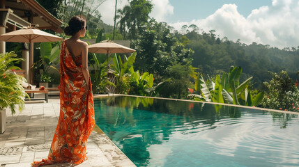 A woman wearing a sarong stands at the edge of an infinity pool, gazing out over a lush forest - obrazy, fototapety, plakaty