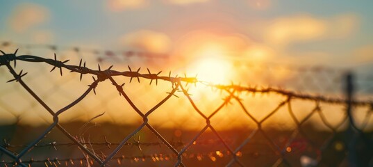 The sun is setting, casting a warm glow on a barbed wire fence in the foreground. The sky is painted with hues of orange and pink.