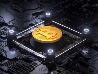 3D gold Bitcoin logo on the dark futuristic background. Gold Bitcoin inside shiny square lines.