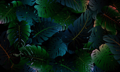 Fototapeta na wymiar Seamless pattern with tropical leaves. Realistic botanical illustration. Vector Hawaiian background. dark background. luxury colorful.