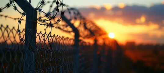 The sun is seen setting in the background as it casts a warm glow over a sturdy barbed wire fence in the foreground.
