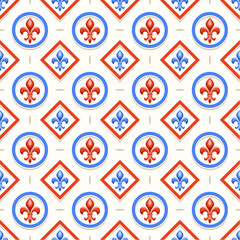 Vector Fleur de Lis Seamless Pattern, repeat background with illustrations of vintage pattern with fleur de lis in circle and rhombus cells, square poster with old french ornament on white background © mihmihmal