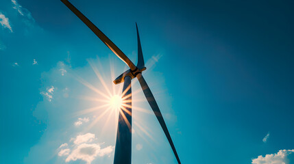 Eco-Friendly Power in Motion: Wind Turbine Against a Blue Sky