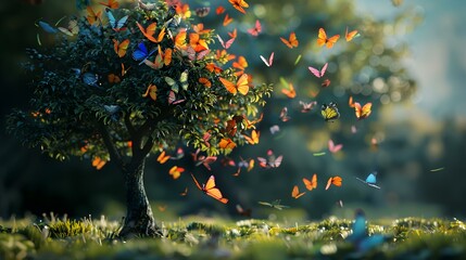 A tree with colorful butterflies 