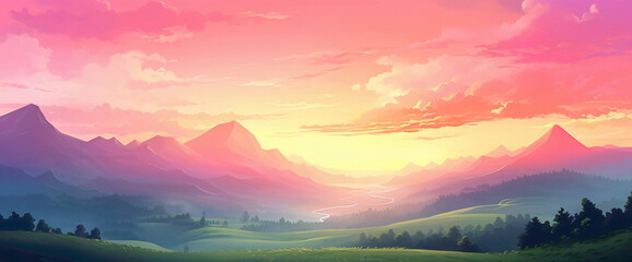 Tranquil gradient countryside with rolling hills and a pink sunset, capturing the cutest and most...
