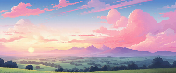 Tranquil gradient countryside with rolling hills and a pink sunset, capturing the cutest and most...