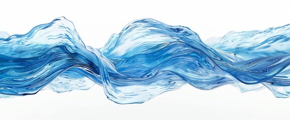 A painting depicting dynamic blue waves crashing on a white background, capturing the movement and...