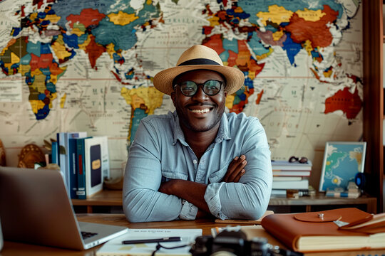 A Grinning Traveler Sketching His Global Expedition. Generative AI - Powered by Adobe