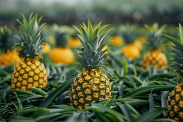 Pineapples growing in sunlit tropical field.