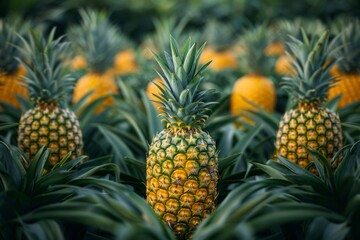 Obraz premium Pineapples growing in sunlit tropical field.