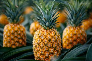 Pineapples growing in sunlit tropical field.