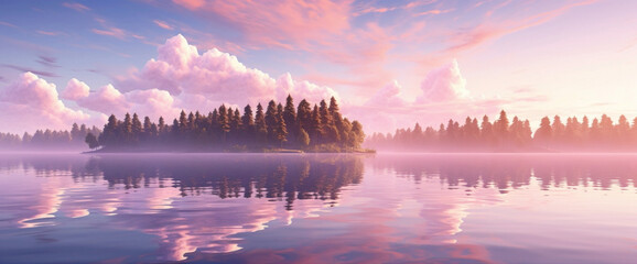 Tranquil gradient lake reflecting a pink sunset sky, creating the cutest and most beautiful...