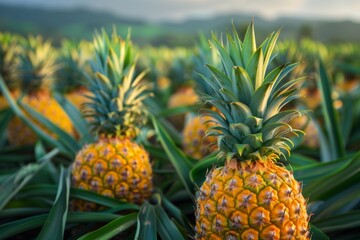 Obraz premium Pineapples growing in sunlit tropical field.