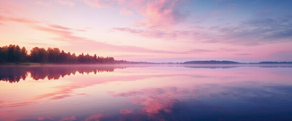 Tranquil gradient lake reflecting a pink sunset sky, creating the cutest and most beautiful mirror-like surface.