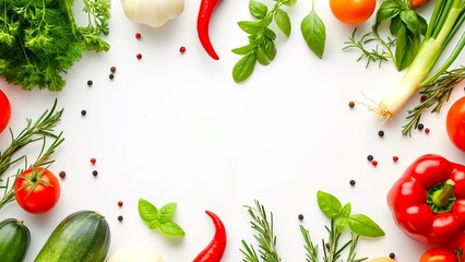 vegetables and herbs frame on a white background.