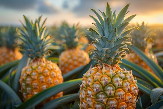 Pineapples growing in sunlit tropical field.