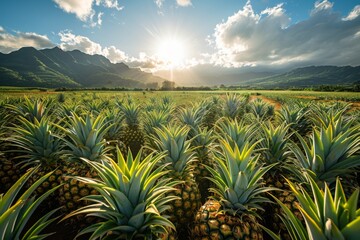 Fototapeta premium Pineapples growing in sunlit tropical field.