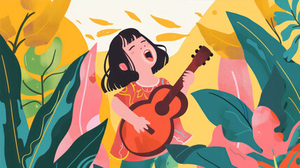 Illustration in minimalistic style. A child sings with a guitar in his hands
