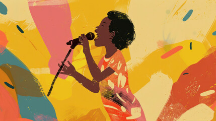 Child sings into a microphone on an abstract background
