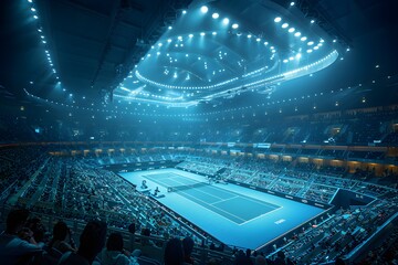Indoor tennis arena full of spectators for international tennis tournament game