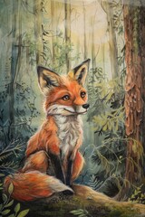 Obraz premium A cute fox in the forest, colored pencils painting, cover image of a children's book, portrait format