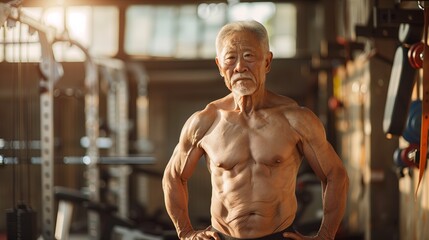 Fototapeta na wymiar fit senior asian man showing his muscle in the gym, senior bodybuilder.