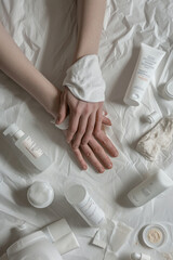 Fototapeta na wymiar Woman's hands surrounded by variety of skin care products on bed in elegant and luxurious setting