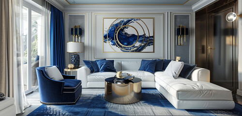Nautical-themed living room in navy blue, white, and gold, classic maritime elements with...