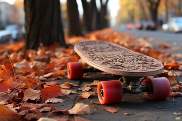 Zelfklevend Fotobehang A high quality image featuring a skateboard concept with a background that has selective focus and ample copy space © anwel