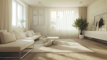 Softly decorated modern living room, sleek furniture, botanical accents, fresh atmosphere.