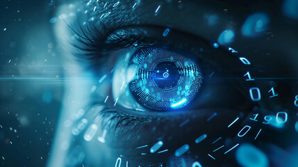The Technology and data concept, close up of a digital scan eye, with connect coding, ,big data, generative ai