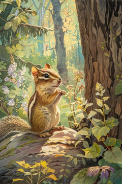A cute chipmunk in the forest, colored pencils painting, cover image of a children's book, portrait format