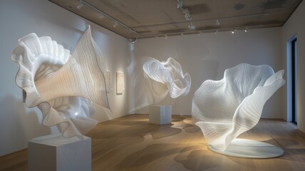 llyfish-inspired set of art exhibit featuring sculptures , their edges undulating like the rim of a jellyfish bell