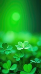 Clover leaves on green blurred background. St Patrick Day holiday symbol. Background for banner, card, invitation. Cope space. Place for text.