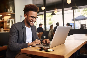 businessman working on laptop in cafe