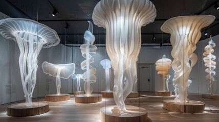 llyfish-inspired set of art exhibit featuring sculptures , their edges undulating like the rim of a jellyfish bell - obrazy, fototapety, plakaty
