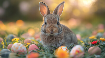 Fototapeta na wymiar Lapin de Pâques parmi les œufs colorés et les fleurs printanières