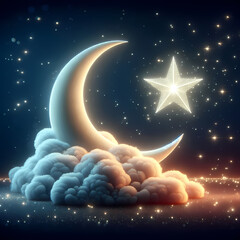 Obraz na płótnie Canvas Eid crescent moon and star with clouds glowing at night, Eid mubarak, Ramadan mubarak, Greeting card, Eid background
