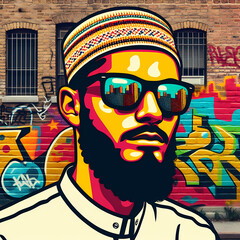 Muslim man pop art graffiti on the wall illustration, Ramadan Mubarak, Eid banner