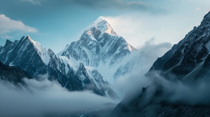 a mountain with snow and clouds - obrazy, fototapety, plakaty