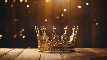 low key image of beautiful gold crown over wooden table. vintage filtered. fantasy medieval period - obrazy, fototapety, plakaty