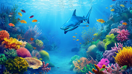 The big shark swimming underwater, Illustration