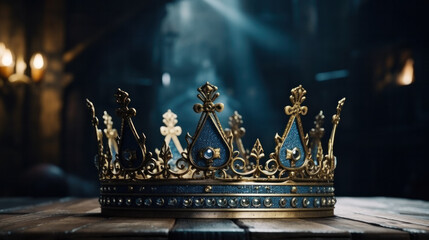 low key image of beautiful gold crown over wooden table. vintage filtered. fantasy medieval period - obrazy, fototapety, plakaty