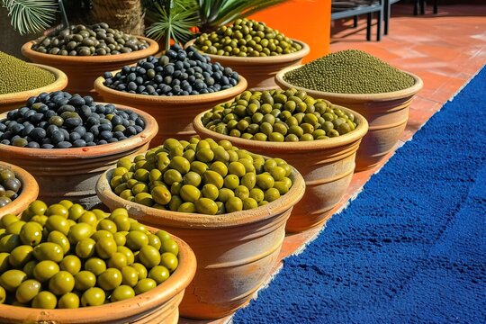 Earthenware bowls with a variety of olives in a market