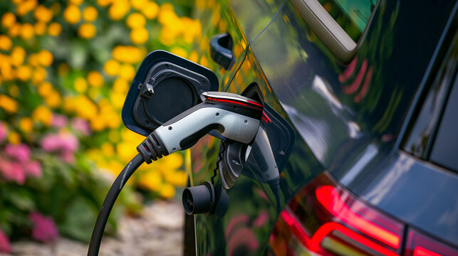 Electric vehicle being charged in a EV station, close up shot of the EV charging adapter